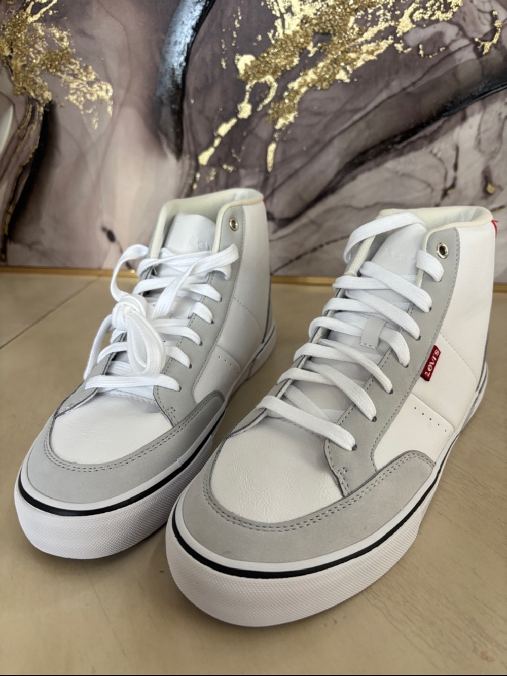 Levi's White and Light Gray High-Top Sneakers with Red Tab